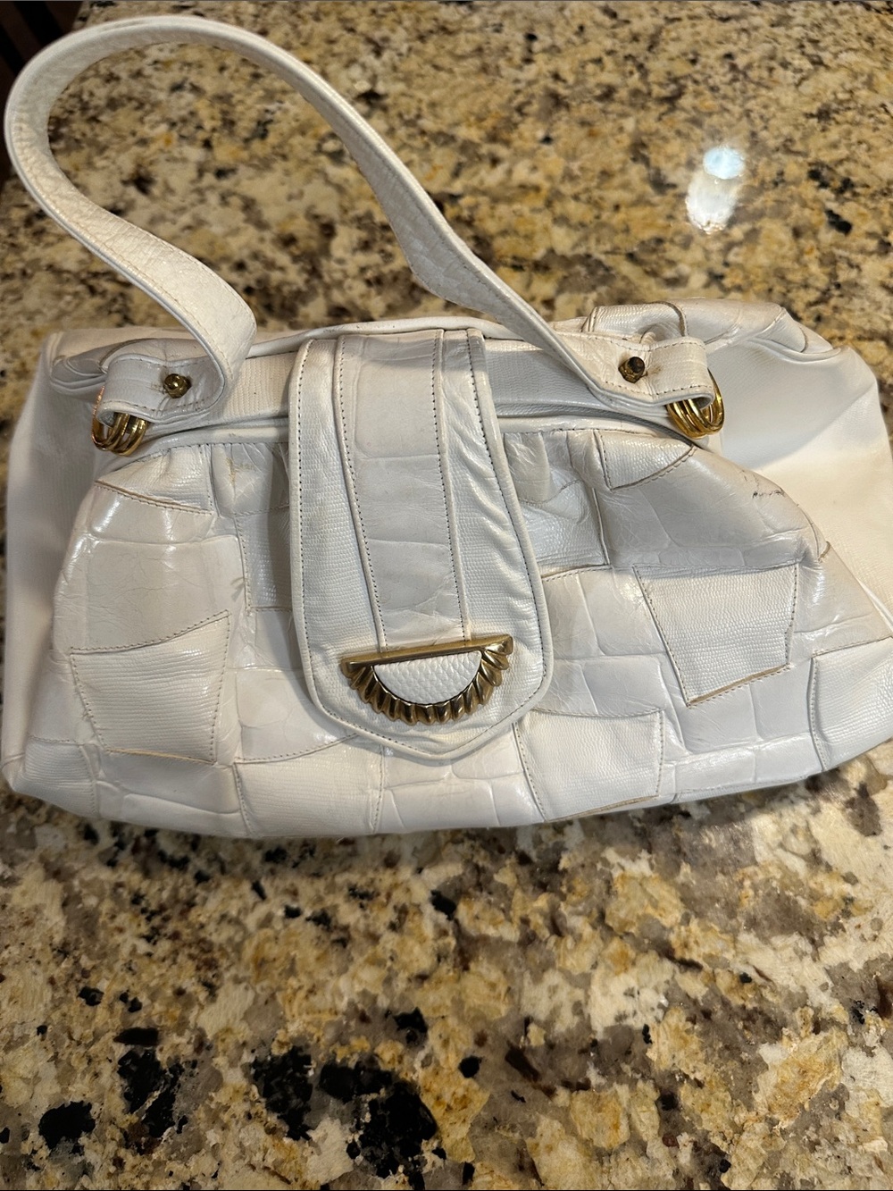 White Patchwork Handle Satchel with Gold Accents
